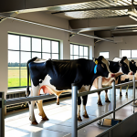 **

A bright and airy robotic dairy farm in Sweden. Cows calmly line up to be milked by a robotic arm. The robot arm is attached to a cow udder. Show data displays and sensors visible in the background, emphasize cleanliness and animal well-being. Sunlight streaming in through large windows.

**