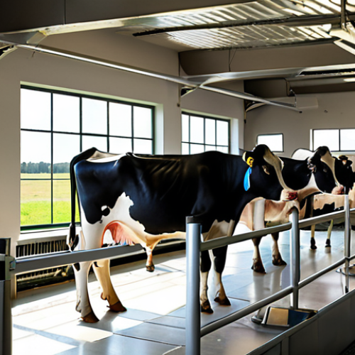 **

A bright and airy robotic dairy farm in Sweden. Cows calmly line up to be milked by a robotic arm. The robot arm is attached to a cow udder. Show data displays and sensors visible in the background, emphasize cleanliness and animal well-being. Sunlight streaming in through large windows.

**
