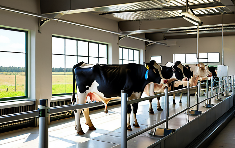 **
A bright and airy robotic dairy farm in Sweden. Cows calmly line up to be milked by a robotic arm. The robot arm is attached to a cow udder. Show data displays and sensors visible in the background, emphasize cleanliness and animal well-being. Sunlight streaming in through large windows.
**